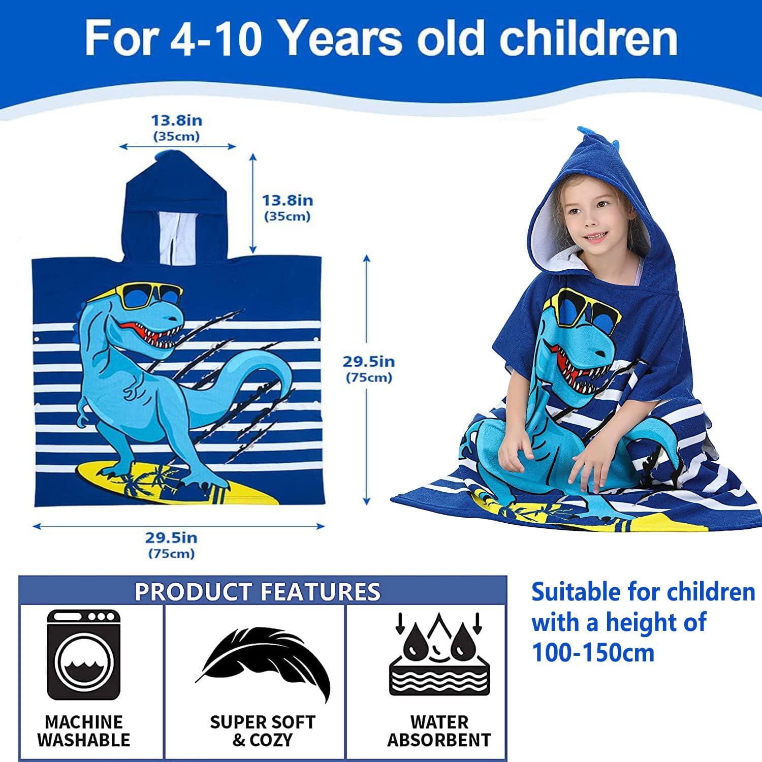 Dinosaur Beach Towel with Hood for 4-10 Years Boys Girls Hooded Towels Bath Robe for Kids with Drawstring Bag