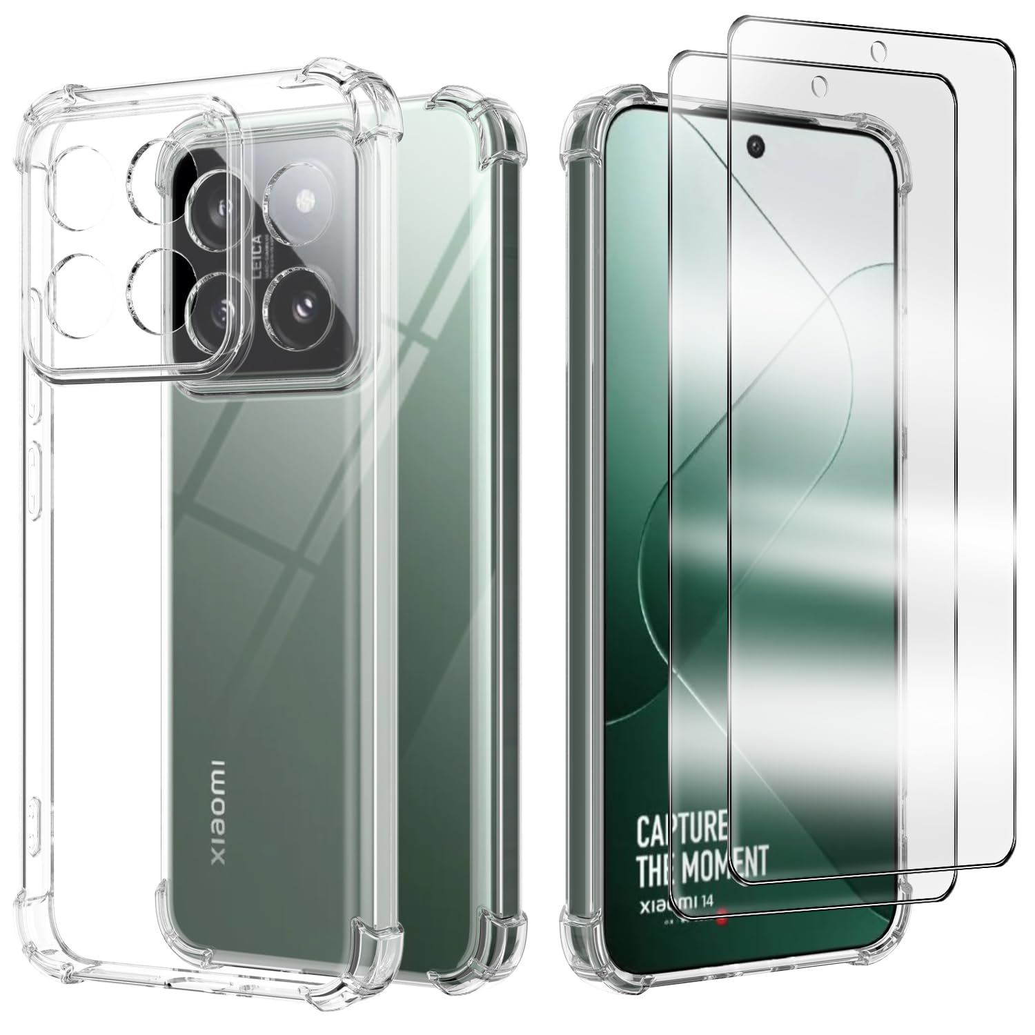 Cover Compatibile per Xiaomi 14T Pro con 2 Pellicola Vetro Temperato, Morbido Silicone ed Antiurto Protettivo Bumper TPU Gel Smartphone Custodia Case - Trasparente