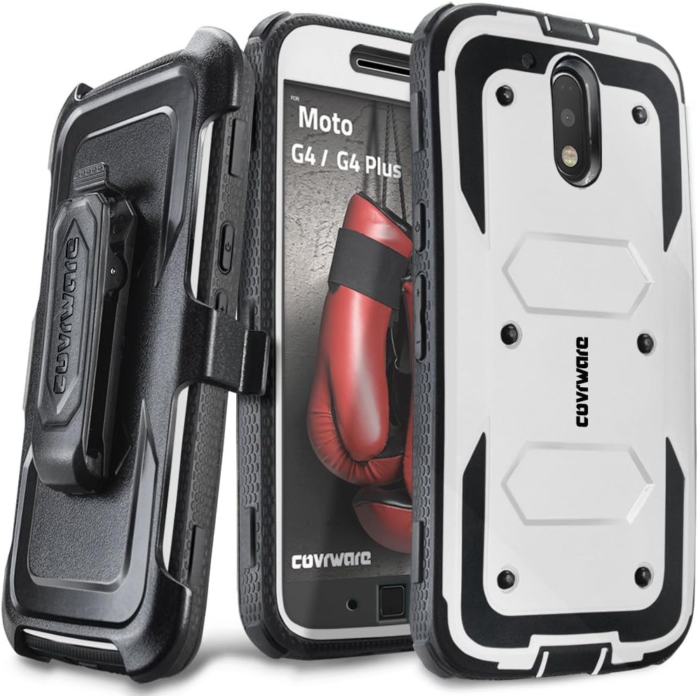COVRWARE Moto G4 / G4 Plus (4th Gen 2016) [Aegis Series] w/Built-in [Screen Protector] Heavy Duty Full-Body Rugged Holster Armor Case [Belt Clip][Kickstand]***NOT FIT Moto G4 Play*** White