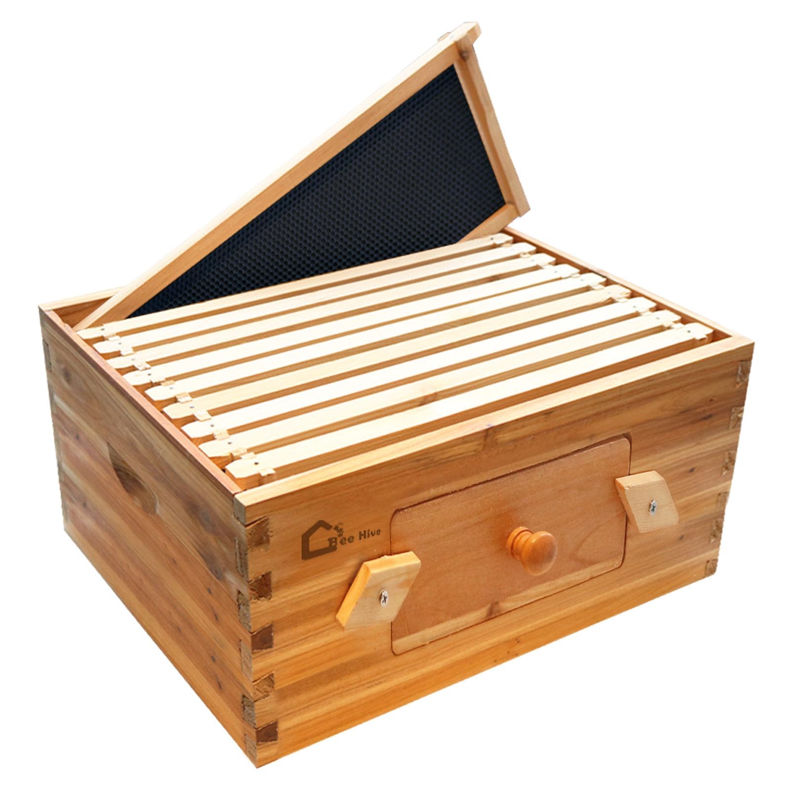 Bienenstock-Starterset, Ablegerkasten mit 10 tiefer Waben, Massivholz Beute mit Holzrahmen und gewachstem Fundament, Bienenstockkasten Nachhaltig Imkereibedarf, Bienenhaus transparenten AcrylfensternA