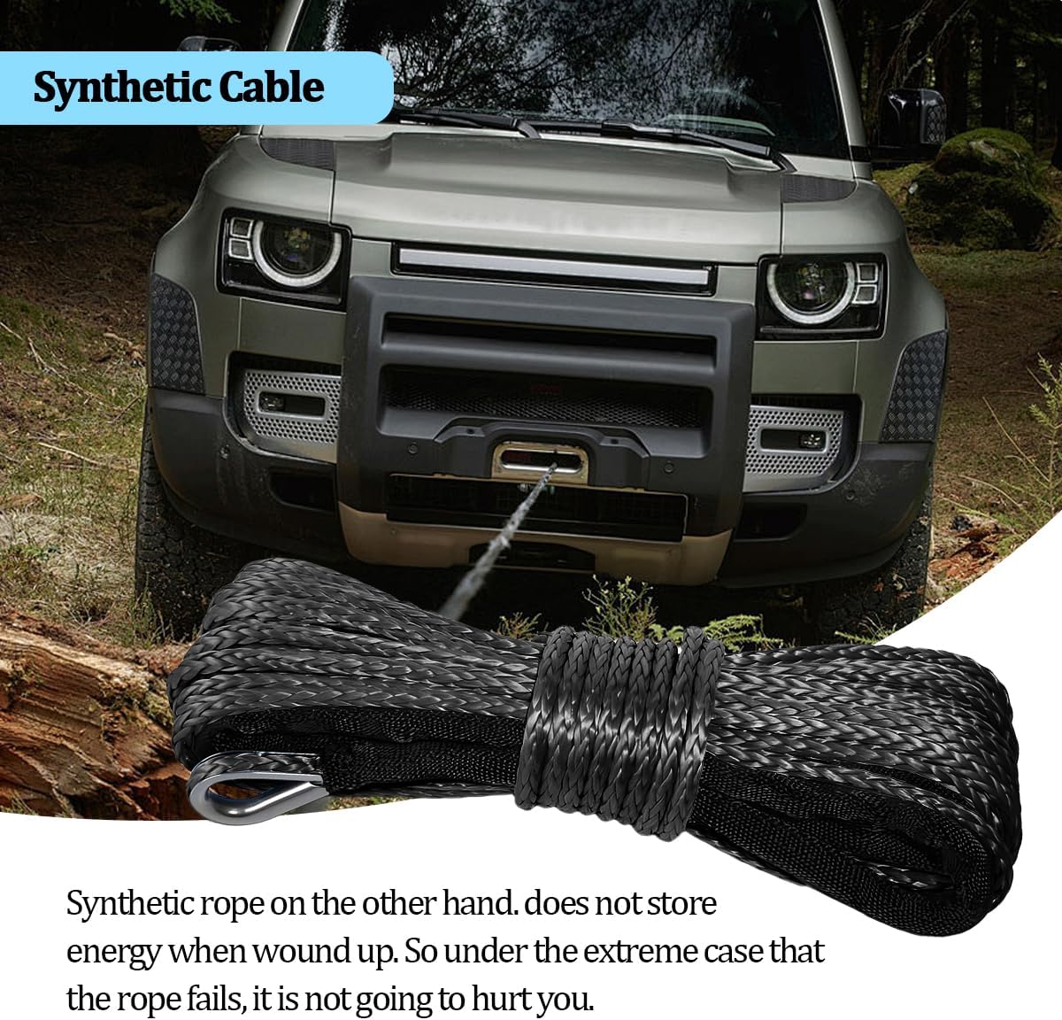1/4" x 50FT Car Synthetic Winch Rope, Heavy Duty 7700LBS Vehicle Winch Line with Protecting Sleeve & Thimble, ATV Synthetic Winching Cable Line, Universal for ATV UTV Offroad Vehicles (Black)