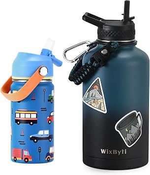 64 oz Insulated Water Bottle with Straw, Kids Water Bottle 14oz with Silicone Straw Lid