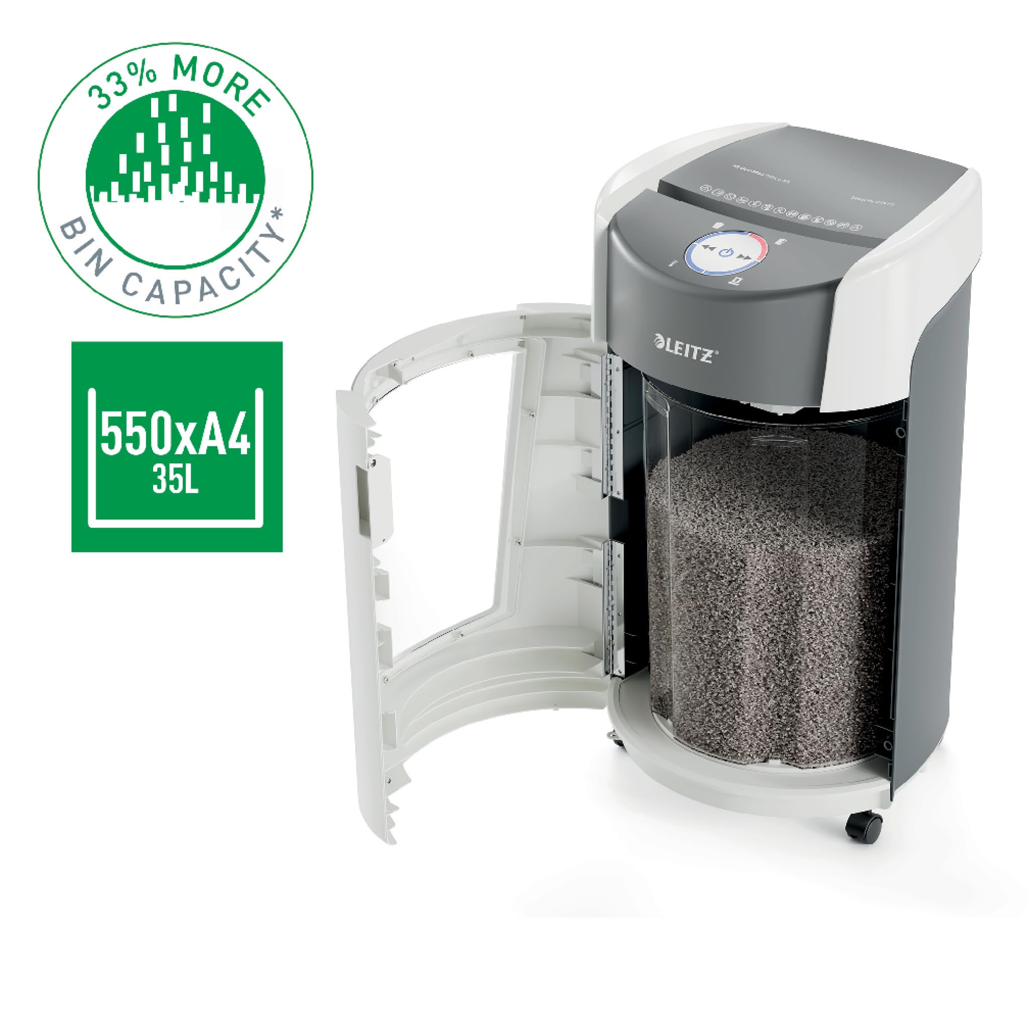 Leitz IQ OptiMax Office P5 Distruggidocumenti Professionale a Taglio Micro, Distrugge 12-10 Fogli, Tecnologia di Rotazione del Cestino e capacità extra del 33%, Silenzioso, Cestino da 35 L, 83600000