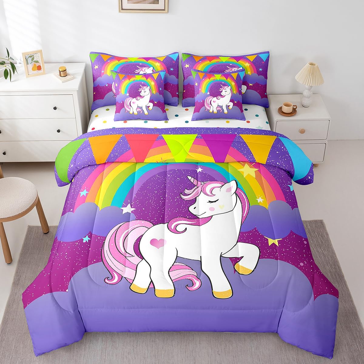Erosebridal Girls Unicorn Area Rug 3x5 and 7 Pcs Bed in a Bag Twin Size