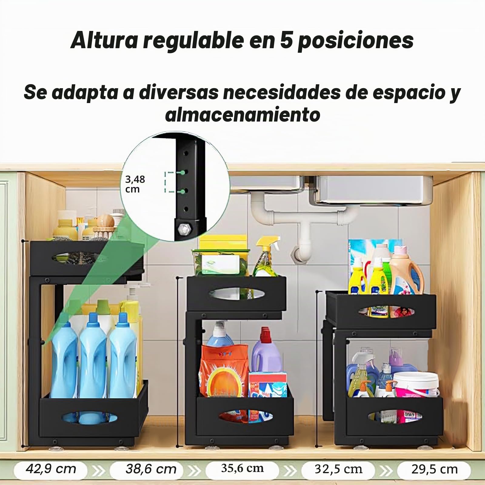 Organizador Bajo Fregadero Extraíble Ajustable 5 Niveles - Estantería de Acero Carbono para Cocina/Baño (29.5-43cm), 2 Capas Deslizantes, Almacenamiento Esquina/Lavabo