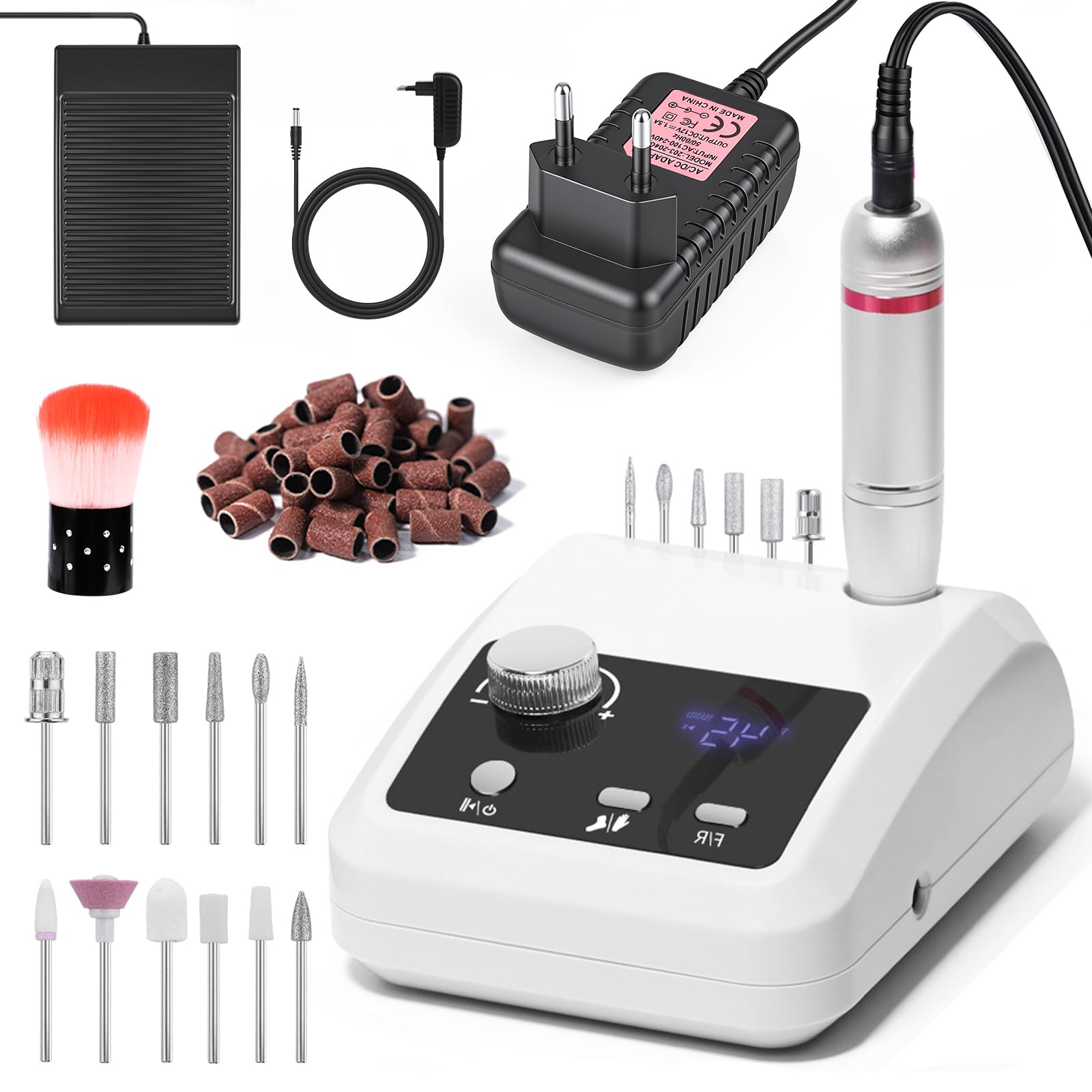 Elektryczna frezarka do paznokci żelowych 45000 obr./min, zestaw do manicure, pedicure, elektryczna frezarka do paznokci, profesjonalna frezarka z wyświetlaczem LED z pedałem nożnym, pilnik do