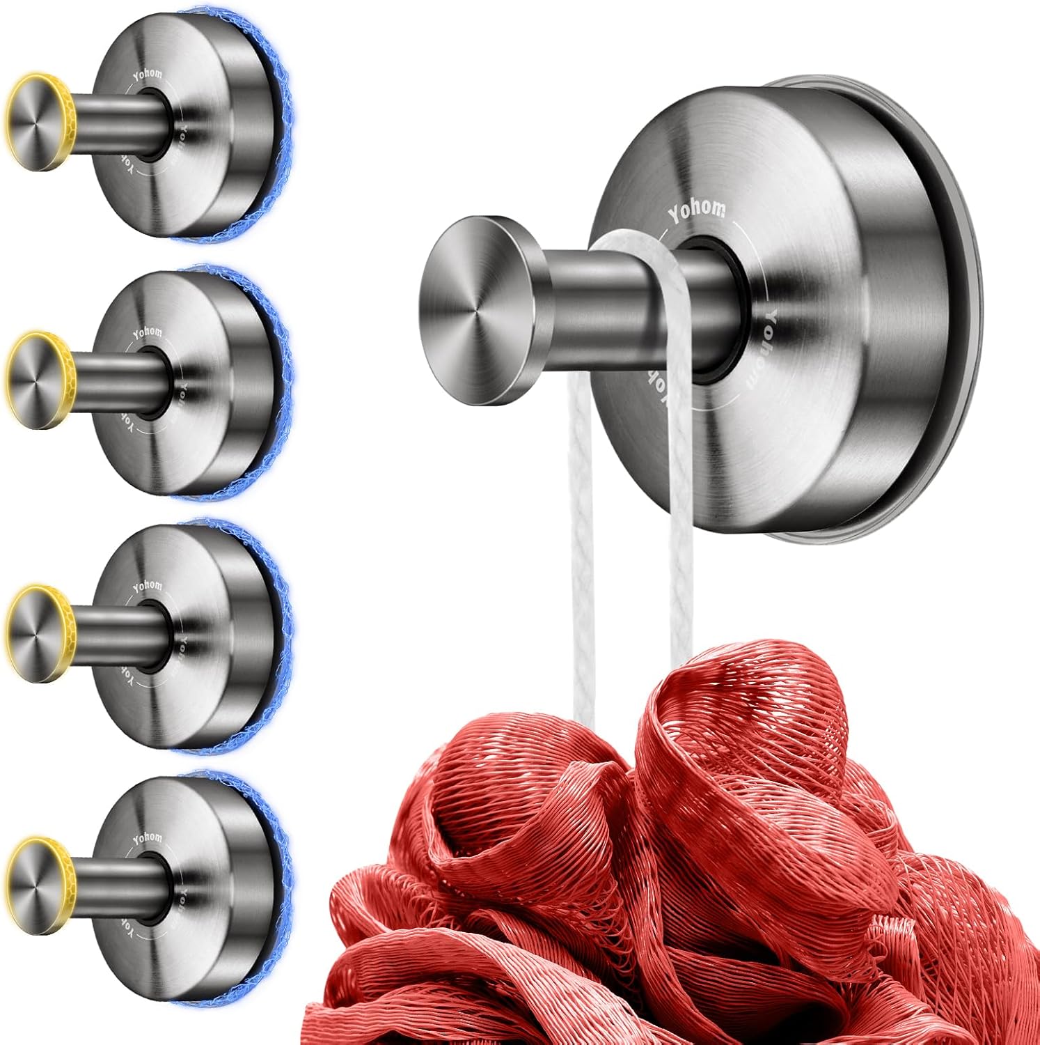 YOHOM Suction Cup Hooks for Shower Bathroom Cup Wall for Inside Vacuum Windows (4 Silver, 4 Silver)
