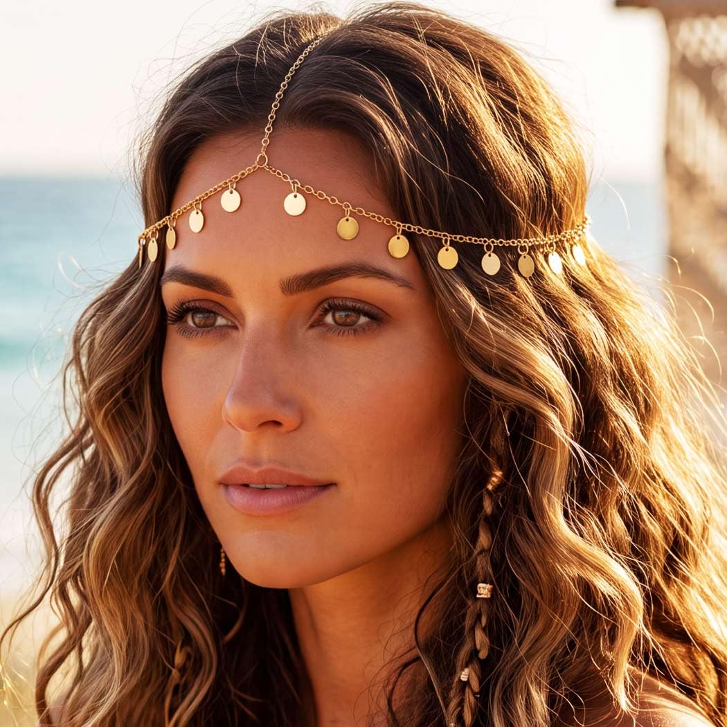 Aukmla Boho Head Chain Jewelry Sequin Gold Headpiece for Women