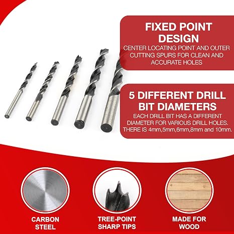 5PC Brad Point Wood Drill Bit Set – 4mm, 5mm, 6mm, 8mm & 10mm – Carbon Steel Drill Bits for DIY, Furniture Repairs & Woodworking (5pc Drill Set)