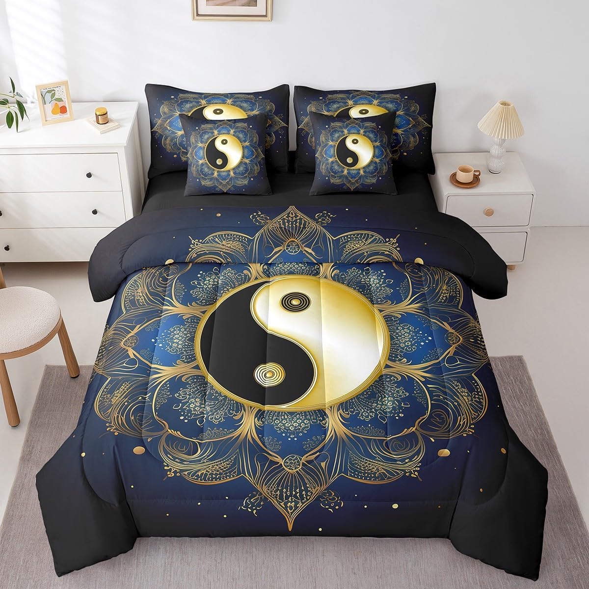 Erosebridal Yin and Yang Bed in a Bag Queen Comforter Set 7 Piece,Bohemian Mandala Bedding Sets Boho Floral Sheet Set with Comforter