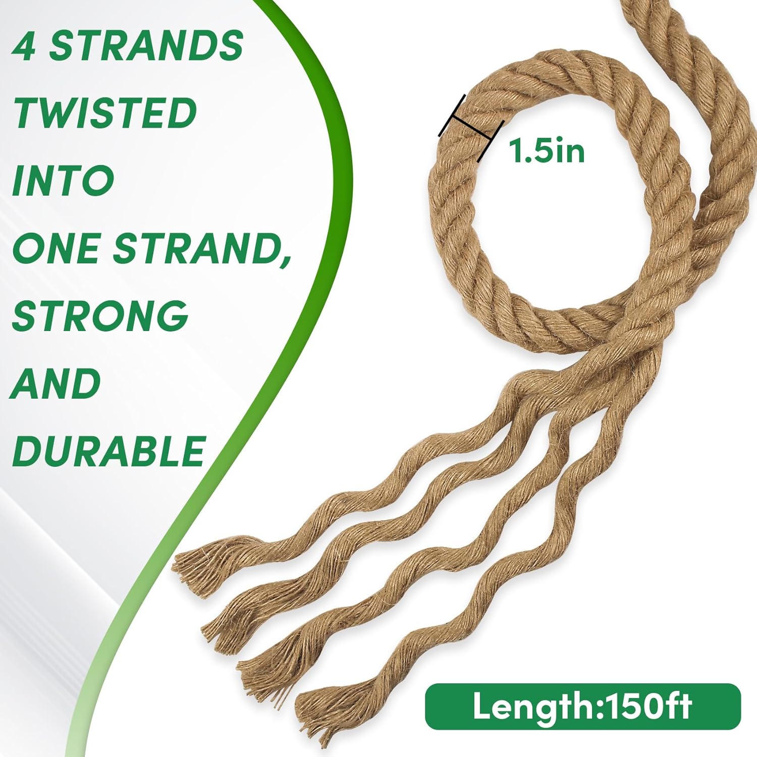 Manila Rope 1.5in x 150ft, Heavy Duty Twisted Rope Natural Hemp Ropes for Crafts,Gardening,Docks, Bundling,Railing,Home Decoratin,Hammock,Porch Swing Ropes