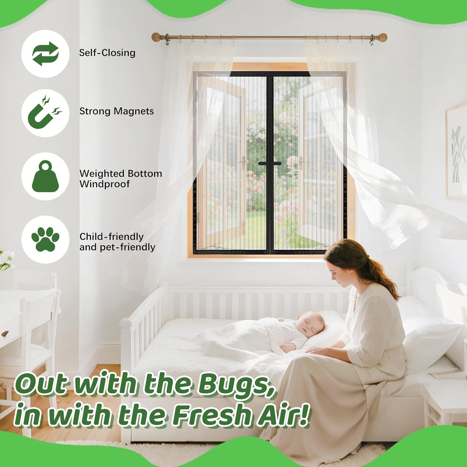 Magnetic Fly Screen Window 170 x 130 cm, Black, Insect Protection Window with Breathable Mesh and Mosquito Protection, Tear-Resistant Polyester Mesh, No Drilling, Automatic Closure