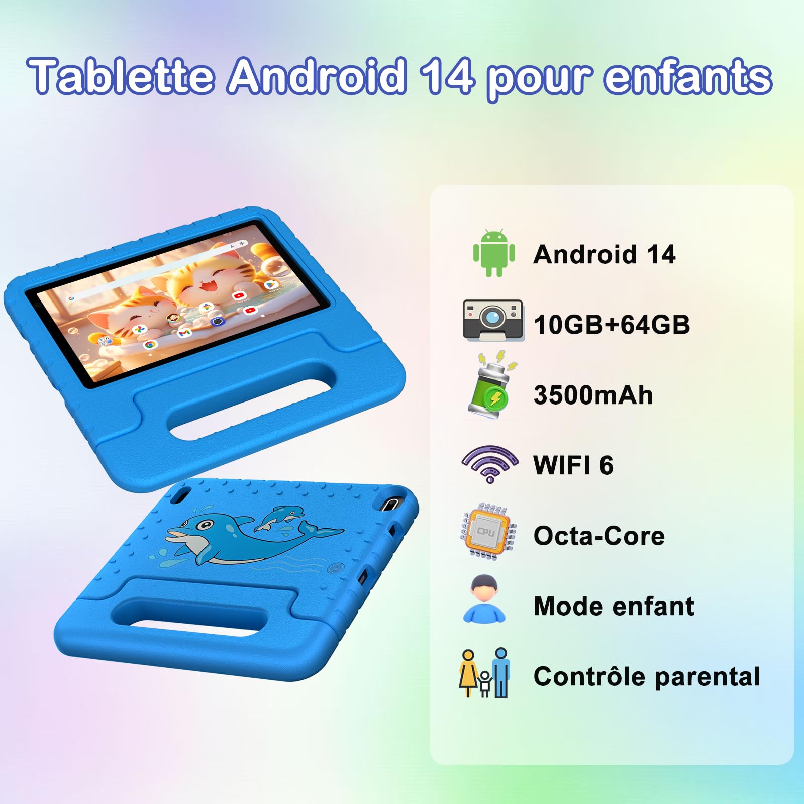 Tablette pour 7 Pouces Android Tablette Enfants avec 10GB+64GB(TF 1TB),Kids Tablette Tactile Octa-Core,Éducative Apps Pré-Installé,Contrôle Parental, WiFi 6, BT5.0,Cas EVA - Bleu