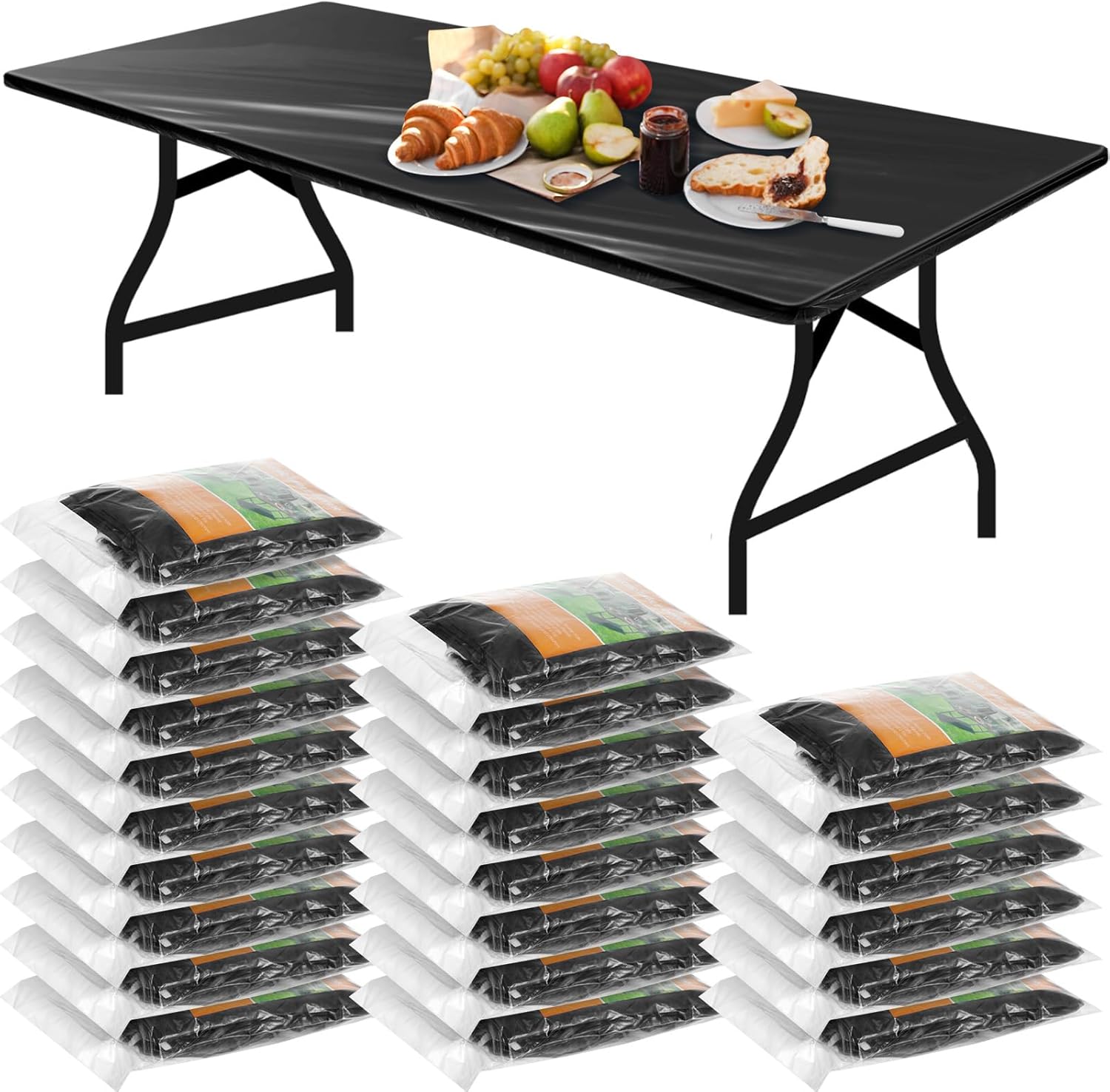 Boao 24 Pcs Summer Plastic Table Cloth Rectangle Table Picnic Table Covers Elastic Fitted Tablecloth, Disposable Waterproof for Camping, Indoor, Outdoor, Folding Tables(8 Ft, 96 x 30 Inch,Black) Black 96 x 30 Inch