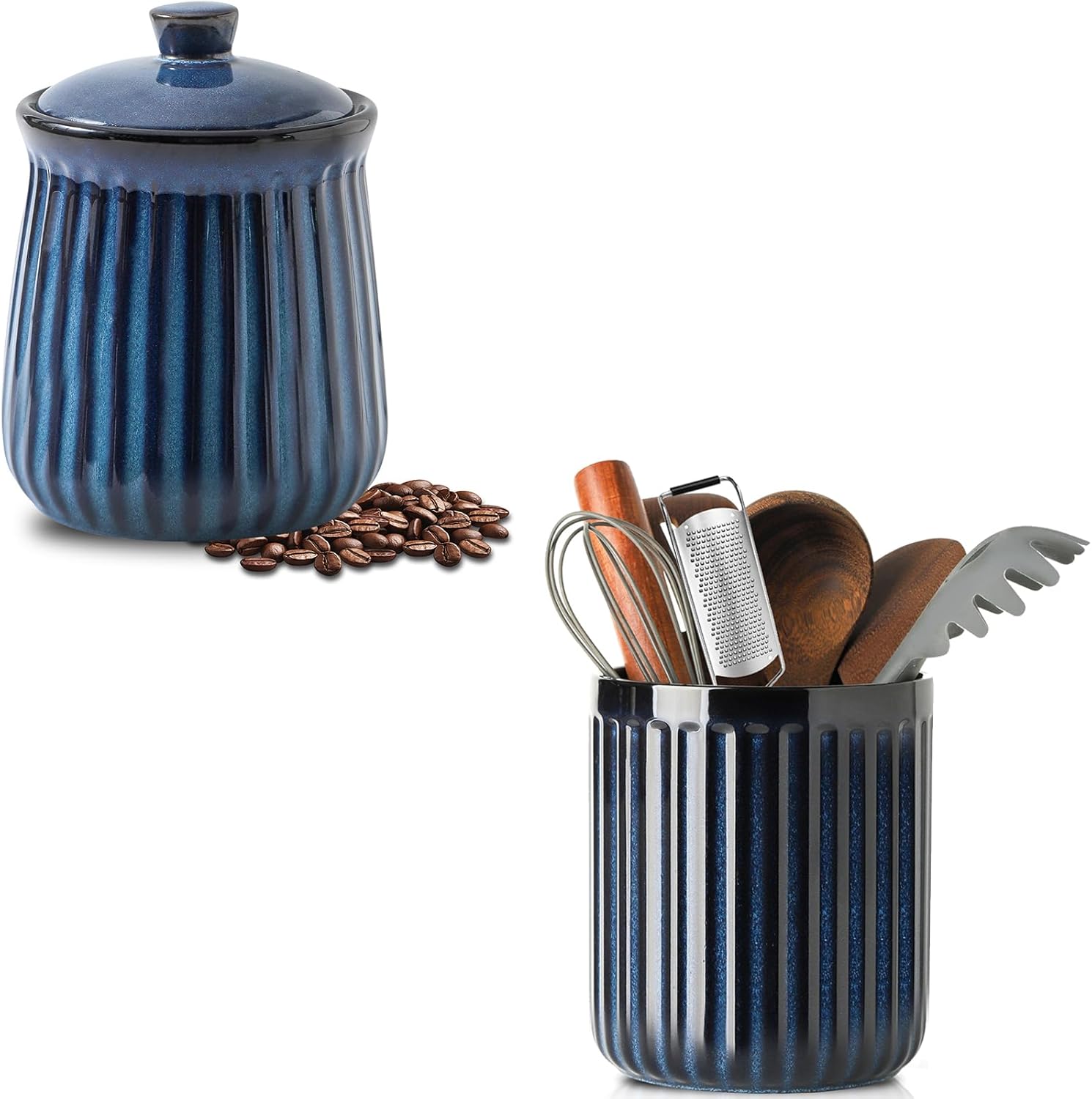Hasense 2 Piece 7.3” x 6.2” Utensil Holder, 35 oz Ceramic Food Storage Jar, Navy Blue