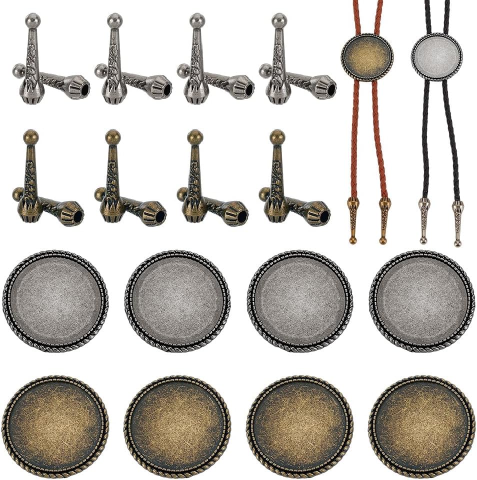 AHANDMAKER 2 Colors Bolo Tie Making Kits, 16pcs 1.28Inch Long Alloy Bolo Tie Tips Replacement End Caps, 8pcs Bolo Tie Slide Clasp Cabochon Settings, Bolo Necklace Replacement Kit for Bolo Tie Making
