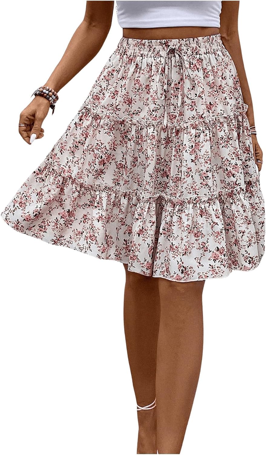 WDIRARA Women's Floral Print Ruffle Hem Elastic High Waist Tie Front Skirt