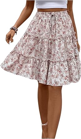 WDIRARA Womens Floral Boho Ruffle Knee Length Summer Skirt | Elastic High Waist, Tiered, Flared, Tie Front, Flowy Skirts