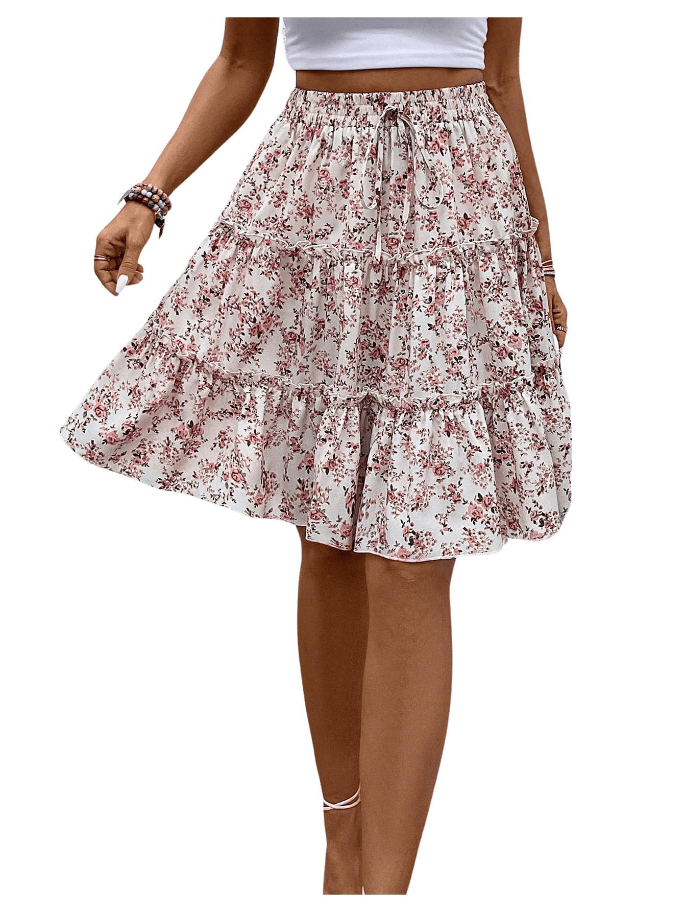 WDIRARA Women's Floral Boho Ruffle Knee Length Summer Skirt