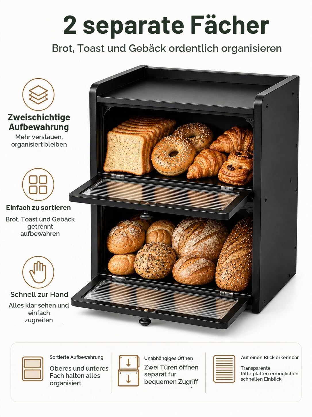 Brotkasten Schwarz 2 Etagen, Brotbox mit Acrylfenster, 36,5 x 23,7 x 34 cm