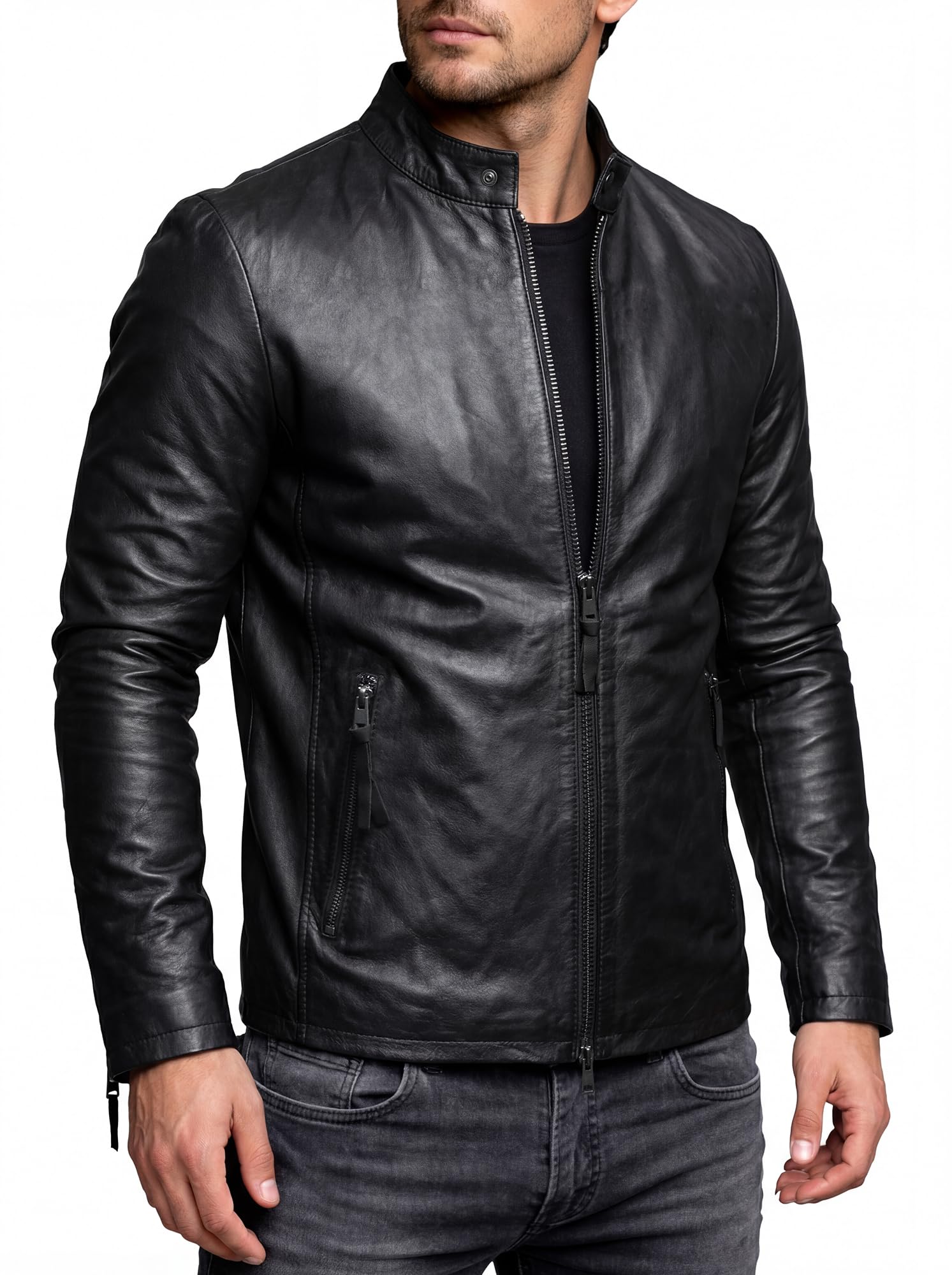 Crone Noa Herren Lederjacke Cleane Basic Echtleder Jacke
