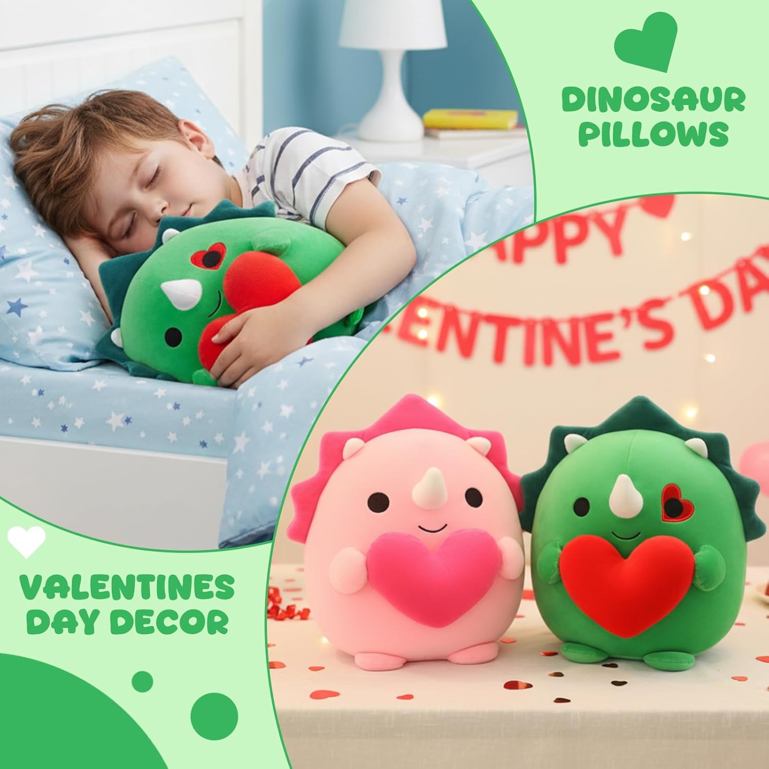 Finebee Dinosaur Stuffed Animal, Valentines Dinosaur Plush, Cute Dino Plushies Toy with Heart Valentines Day Gifts for Kids Friends Lover (Green Triceratops,10 Inch)