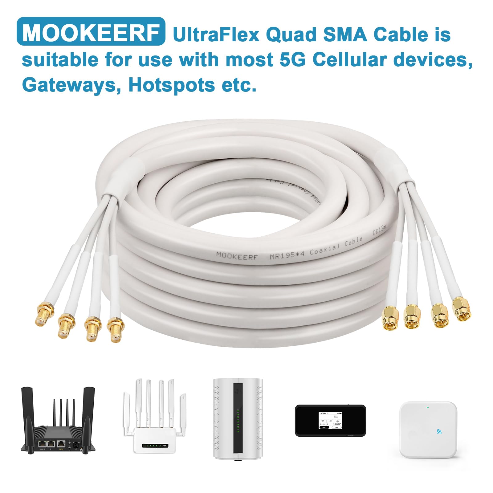MOOKEERF Câble d'extension SMA – Câble coaxial SMA mâle vers SMA femelle ultra faible perte Quad-KMR195 avec connecteur SMA pour routeurs cellulaires 5G, passerelles, points d'accès