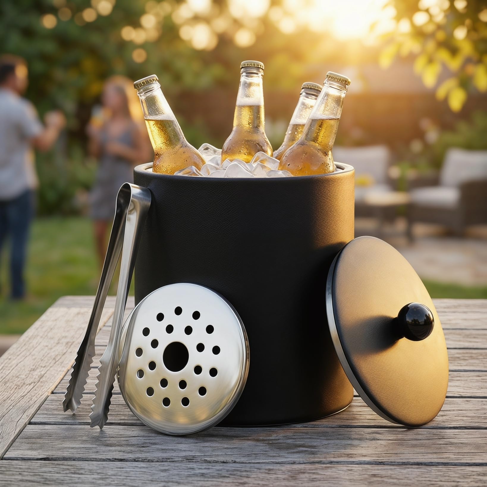 DOITOOL Cubo de hielo con tapa, pinzas y colador, cubo de hielo aislado de acero inoxidable para barra de cóctel, ideal para cócteles, fiestas, vino frío, champán (negro)