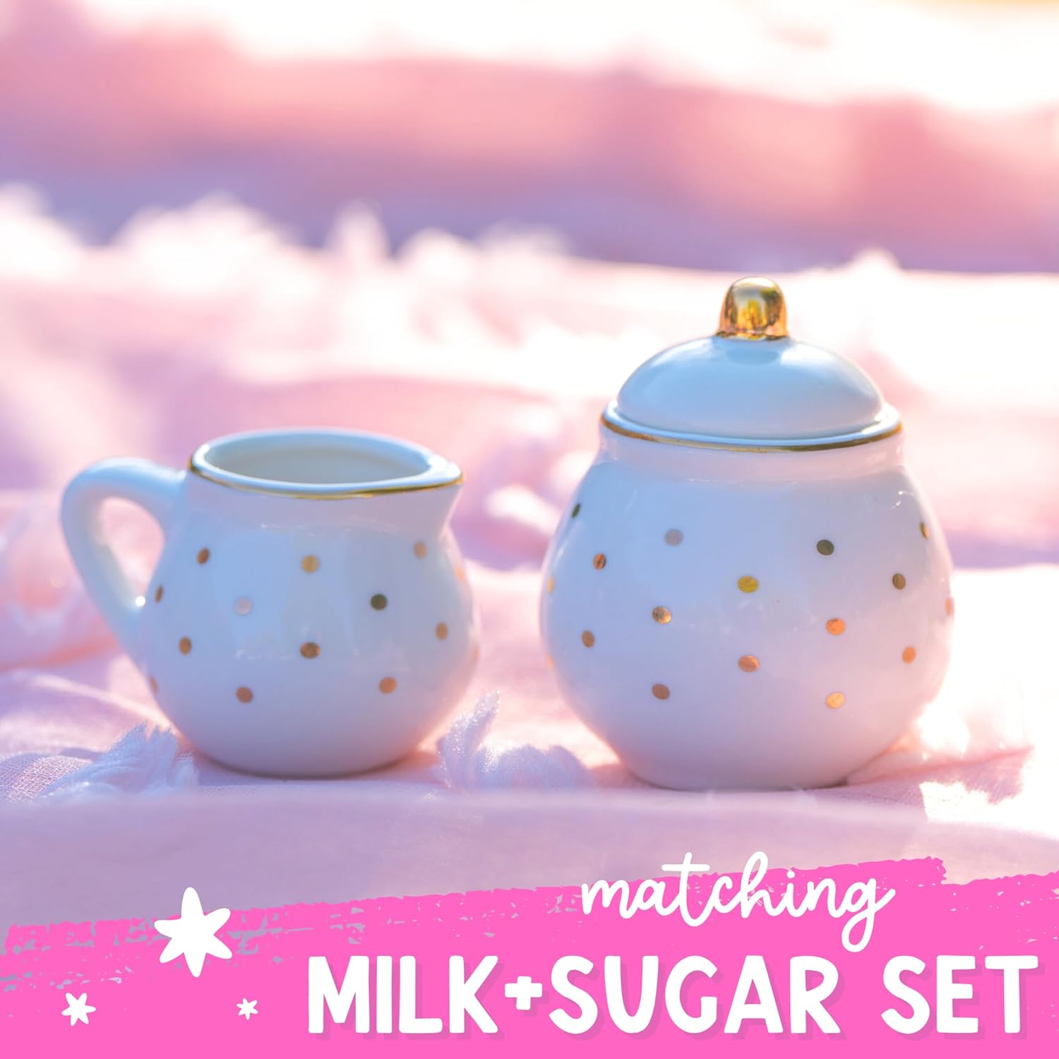 Porcelain Tea Set for Girls - White with Gold Polka Dots Tea Party Set for Kids I Complete Children Tea Sets with Carry Case, Teapot, Cups and More, Birthday Gift for Little Girls & Toddlers