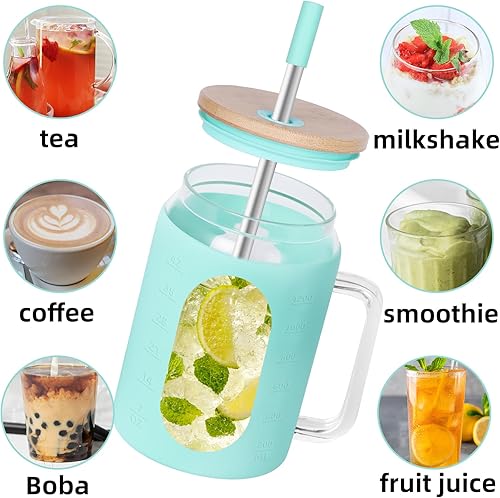 Miniatura 5 de Vaso de vidrio de 50 onzas con tapa y popote, taza con mango de vidrio de 1.5 L con funda de silicona, tapa de bambú y tapa sin BPA, 2 popotes de