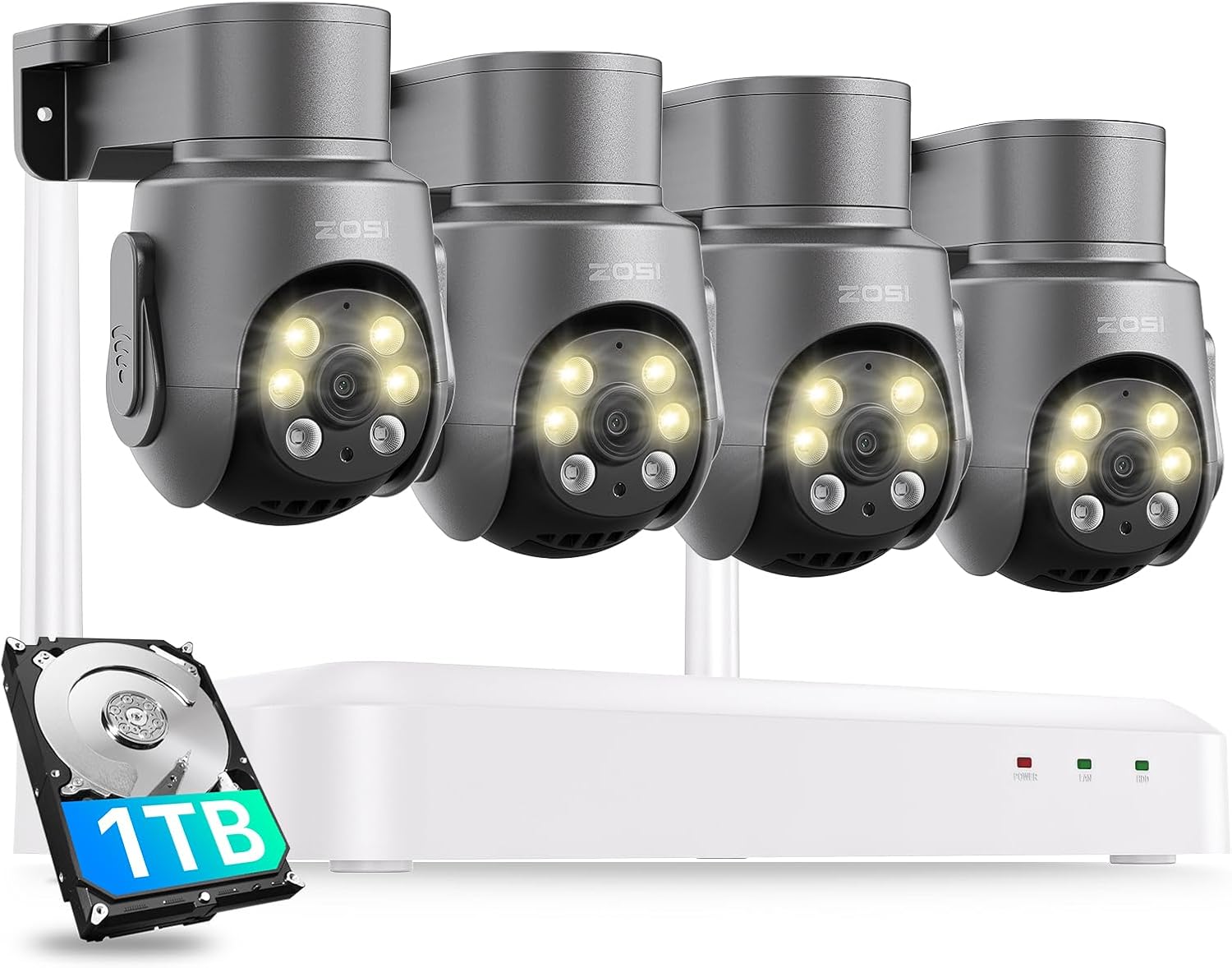 ZOSI 8CH 5MP Plug-in Power Supply Wi-Fi 6 Security Camera System, 4pcs Outdoor Indoor Pan/Tilt WiFi Cameras, Auto Tracking, Color Night Vision, 2-Way Audio, 4K NVR with 1TB HDD for 24/7 Recording