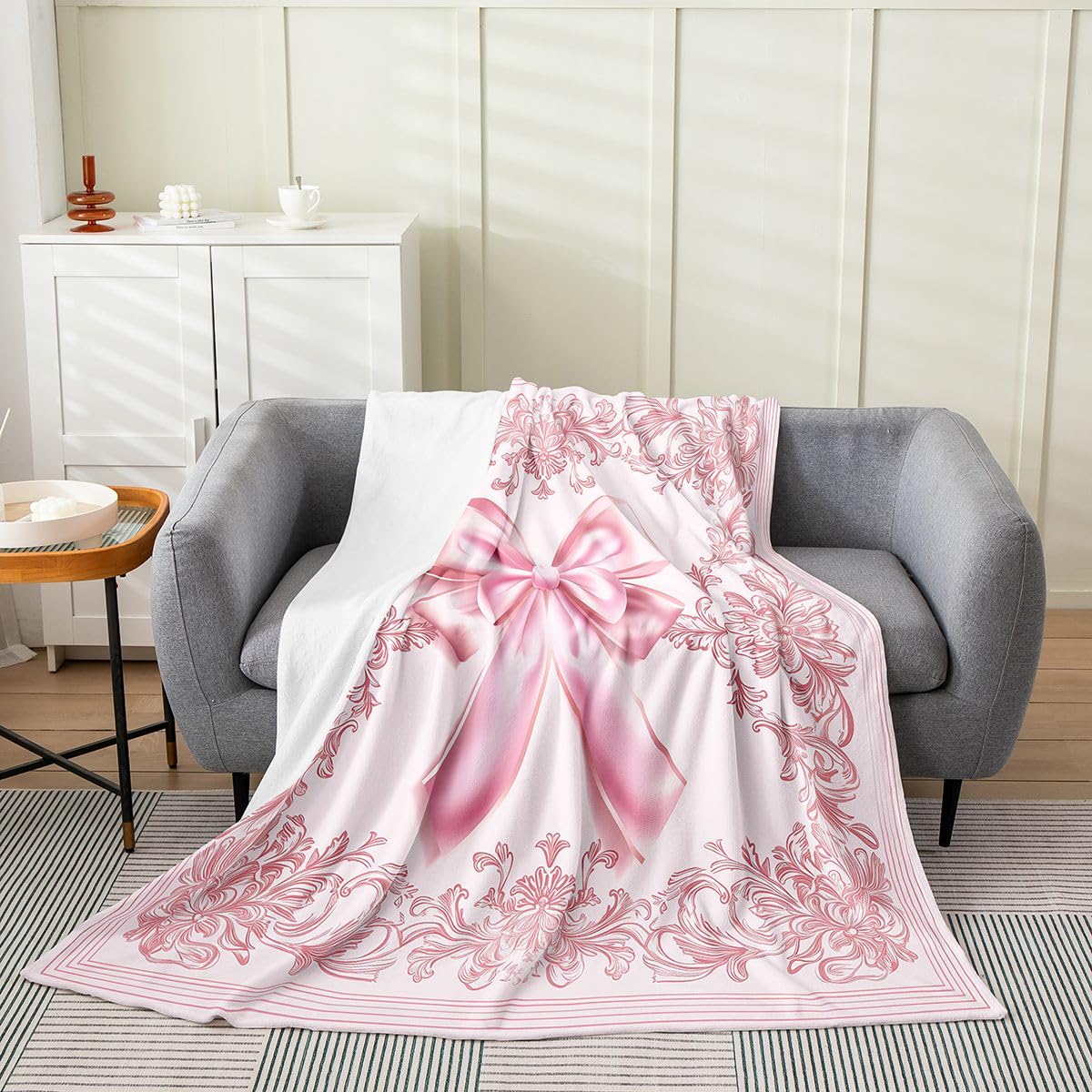 Luxury Ribbon BowThrow Blanket,Damask Flower Flannel Blanket for Room Decor,Pink Bowknot Soft Bedding Set,All Seasons Super Soft,Queen 90"x90"
