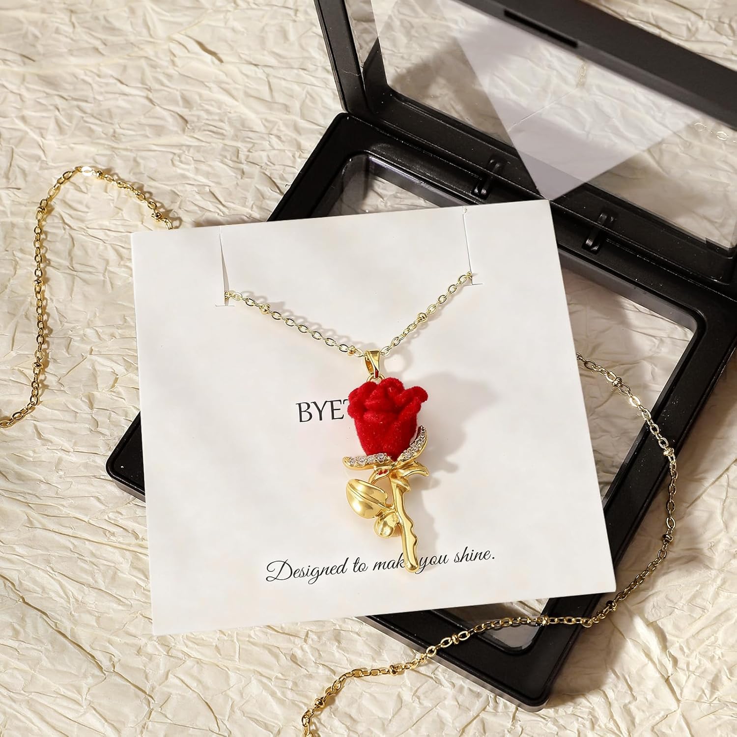 Red Rose Pendant Necklace Dainty Blossom Rose with Cubic Zirconia Charm Choker 3D Floral Pendant Gold Jewelry for Women Anniversary Valentines Day Birthday Jewelry Gifts - Image 6