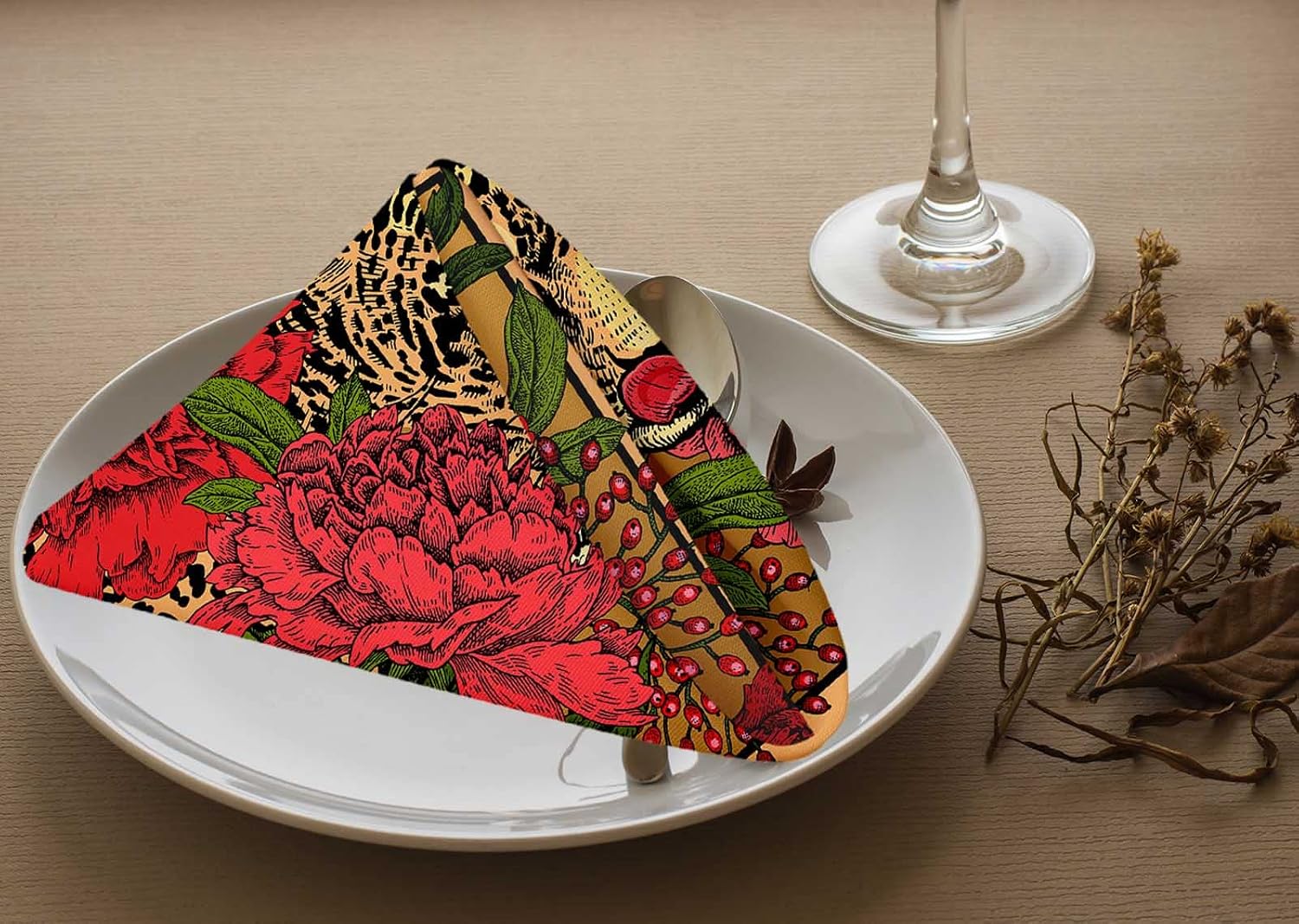 Yibeas Garden Peonies and Wild Leopard Cloth Napkins Set of 4 Vintage Red Floral and Leopard Art Pattern Polyester Kitchen Dinner Napkins for Holiday Festive Wedding Decor 18 x 18 inch