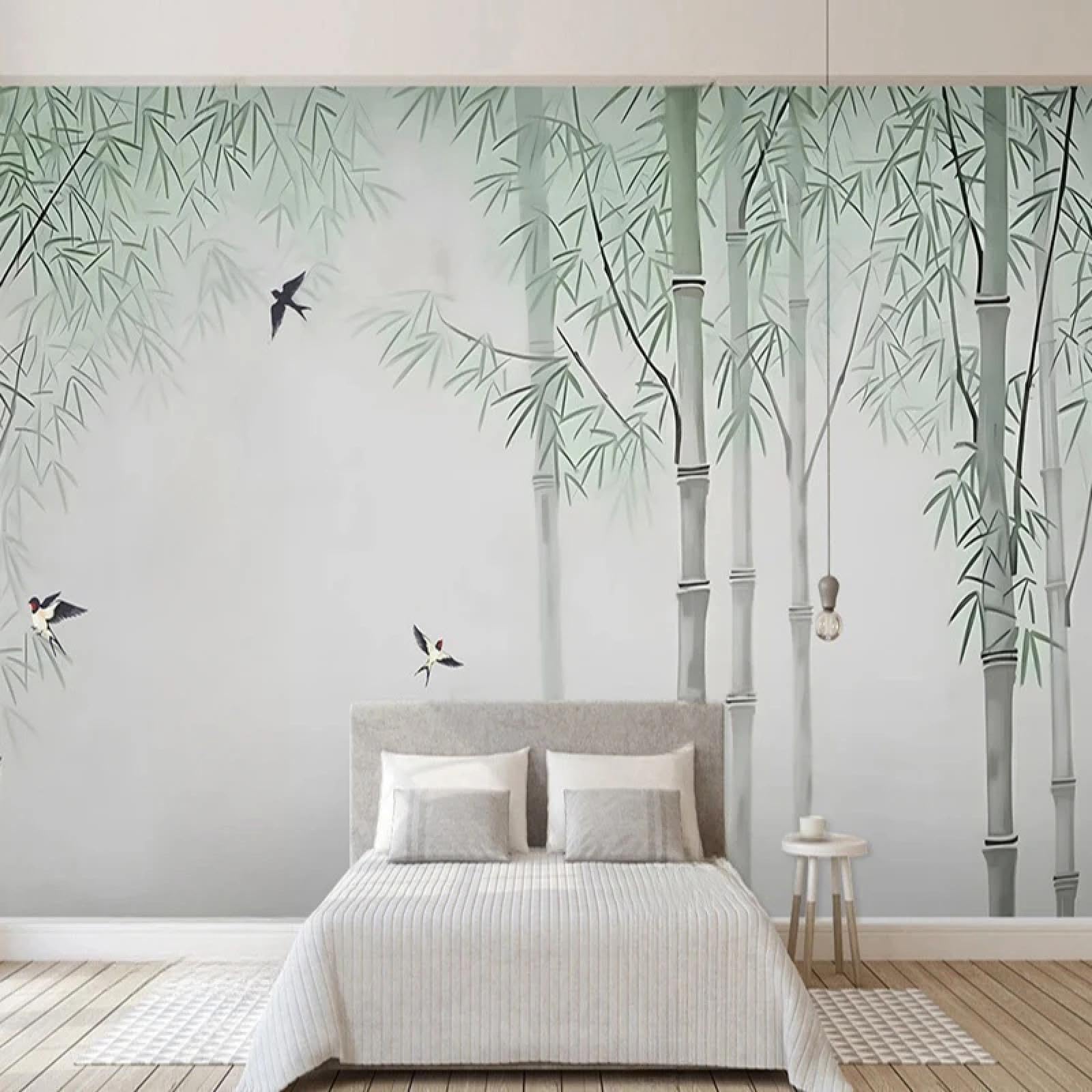Papier peint aquarelle bambou et oiseaux pour un salon raffiné