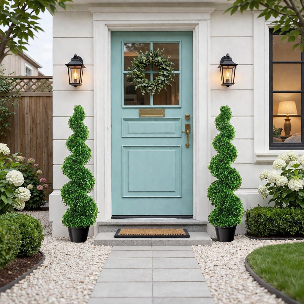3ft Artificial Boxwood Spiral Tree (2 Pcs) with Weighted Pot, Boxwood Topiary for Outdoor Walkway & Indoor Home Decoration, Artificial Outdoor Plants, Artificial Trees for Outdoors