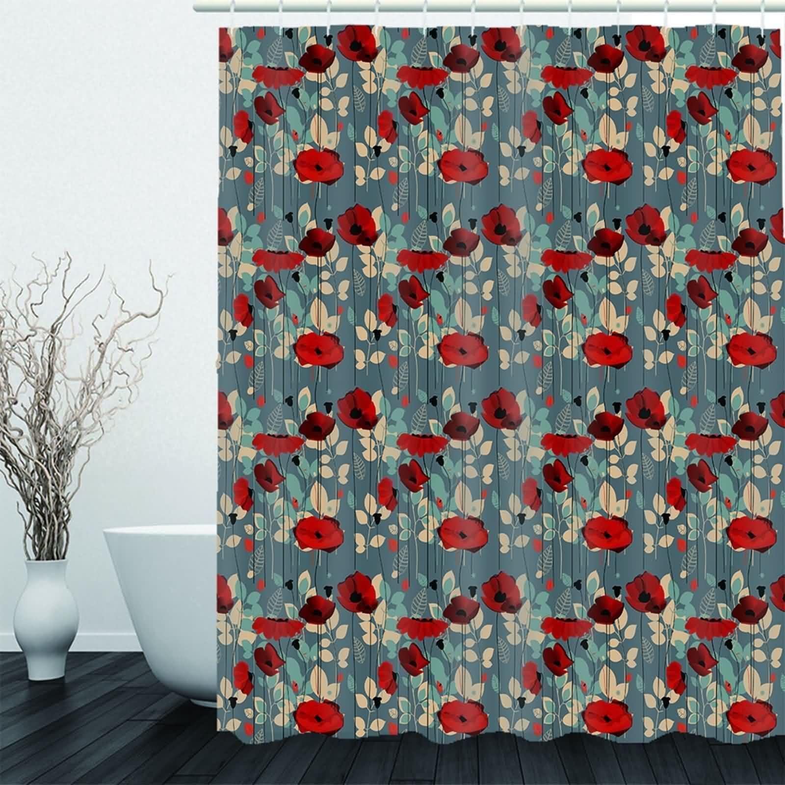 Rideau de douche pour salle de bain - Motif fleurs et feuilles - Imperméable - Anti-moisissure - En polyester - Lavable - Avec anneaux de rideau de douche