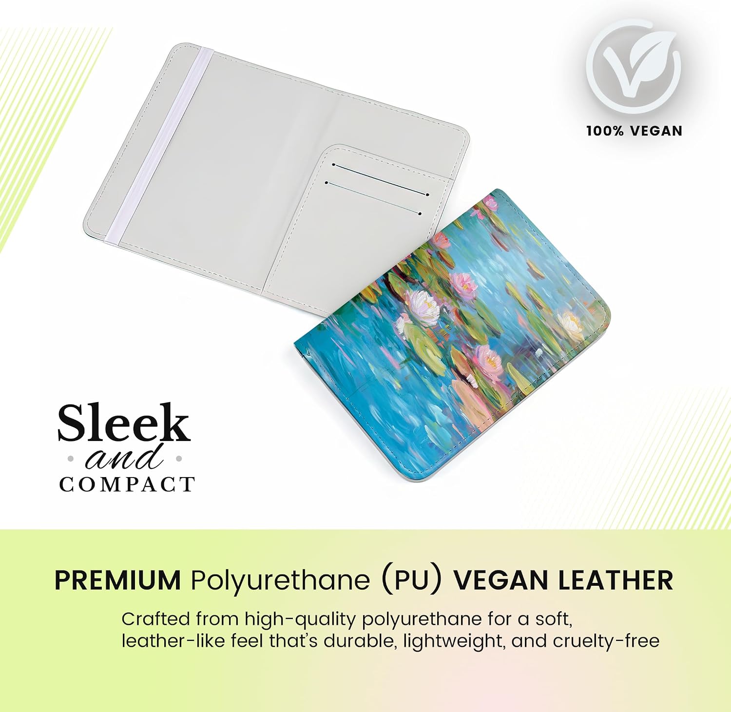 Jolitee Passport Holder Travel Wallet – Water Lilies, Premium PU Vegan Leather, Compact & Waterproof Passport Case with Card Slots & Elastic Closure