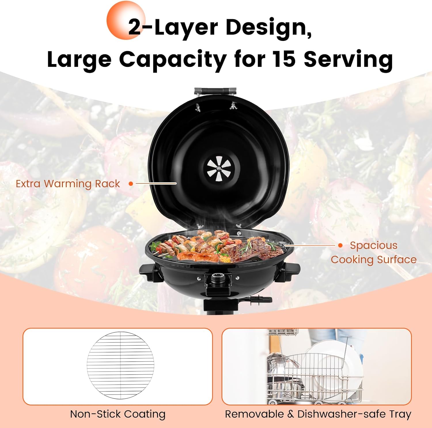 1600W Electric Grill Outdoor, 15-Serving Freestanding Camping Grill with Warming Rack, Removable Oil Drip Tray, Adjustable Temperature Control, Portable BBQ Grill for Patio, Backyard (Black)