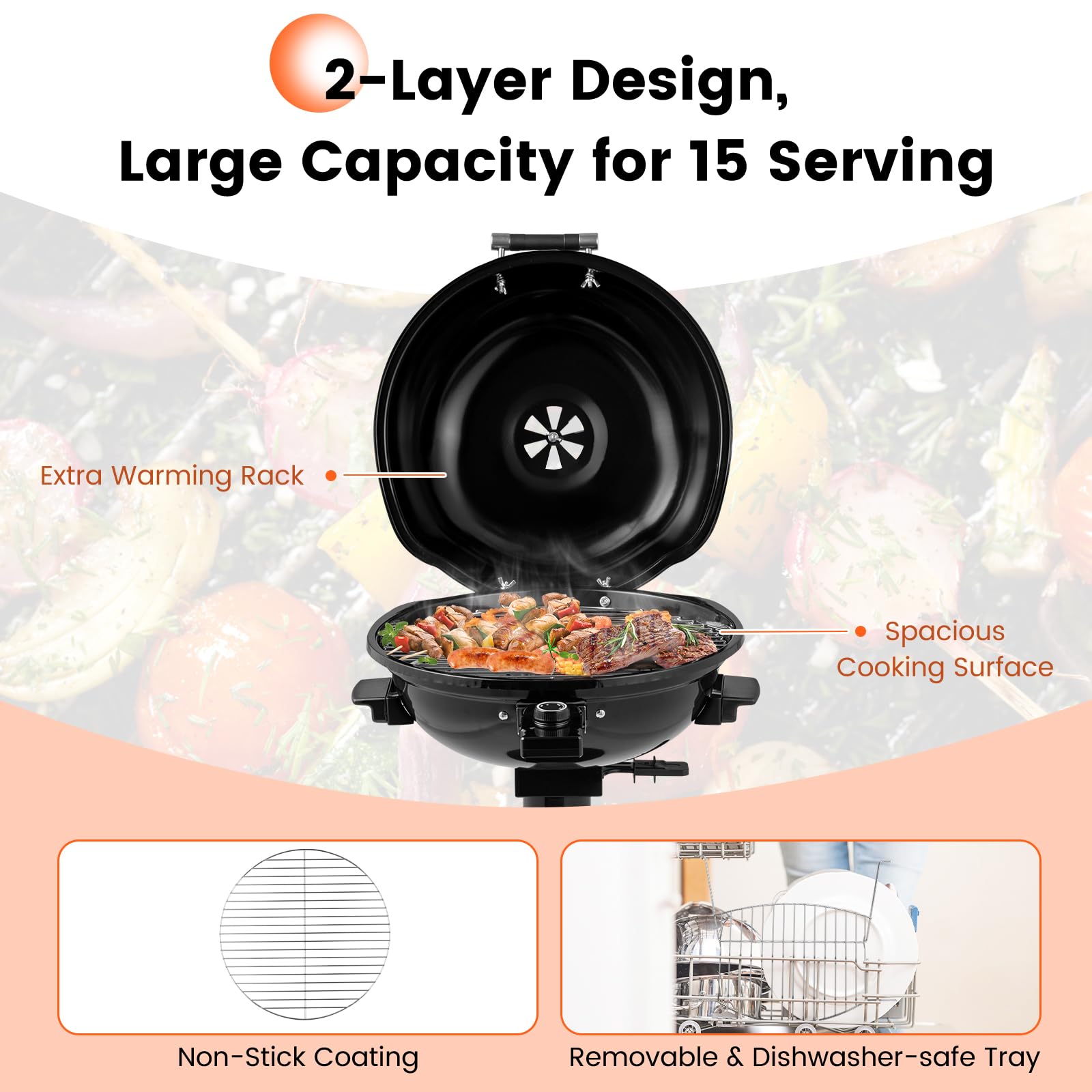 Parrilla eléctrica de 1600 W para exteriores, parrilla de campamento independiente de 15 porciones con estante de calentamiento, bandeja de goteo de aceite extraíble, control de temperatura 4