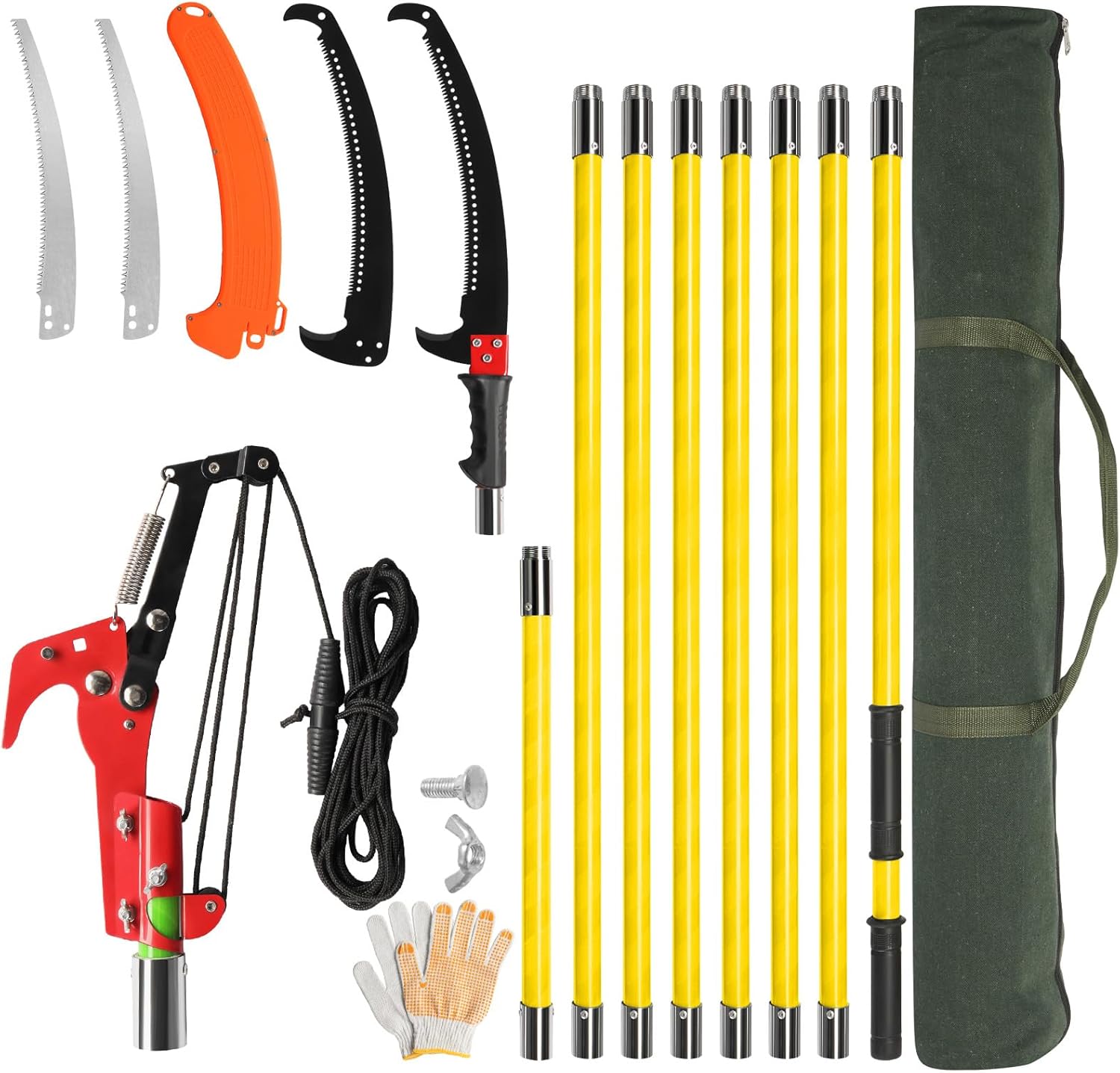Sturdy 30 FT Manual Pole Saw, Extendable Tree Pruner with Sharp Steel Blade and Scissors, Storage Pocket & Knives, Long Handle for High Branches Trimming, Pruning Palms & Shrubs (Yellow)