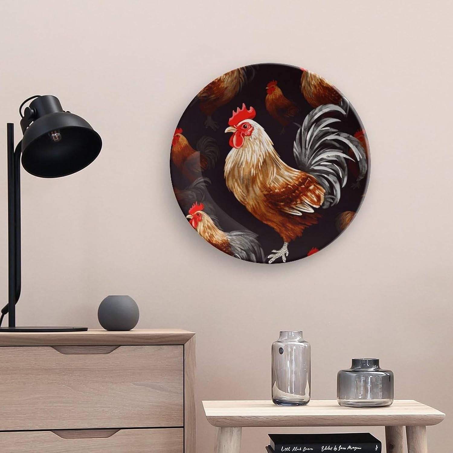 Shine Rooster Ceramic Decorative Plate for Office Decor, Chinese Style Decorative Dish with Stand, Dinner Dish Decorative Plates for Wall Hanging Bone Collections Plates 10inch