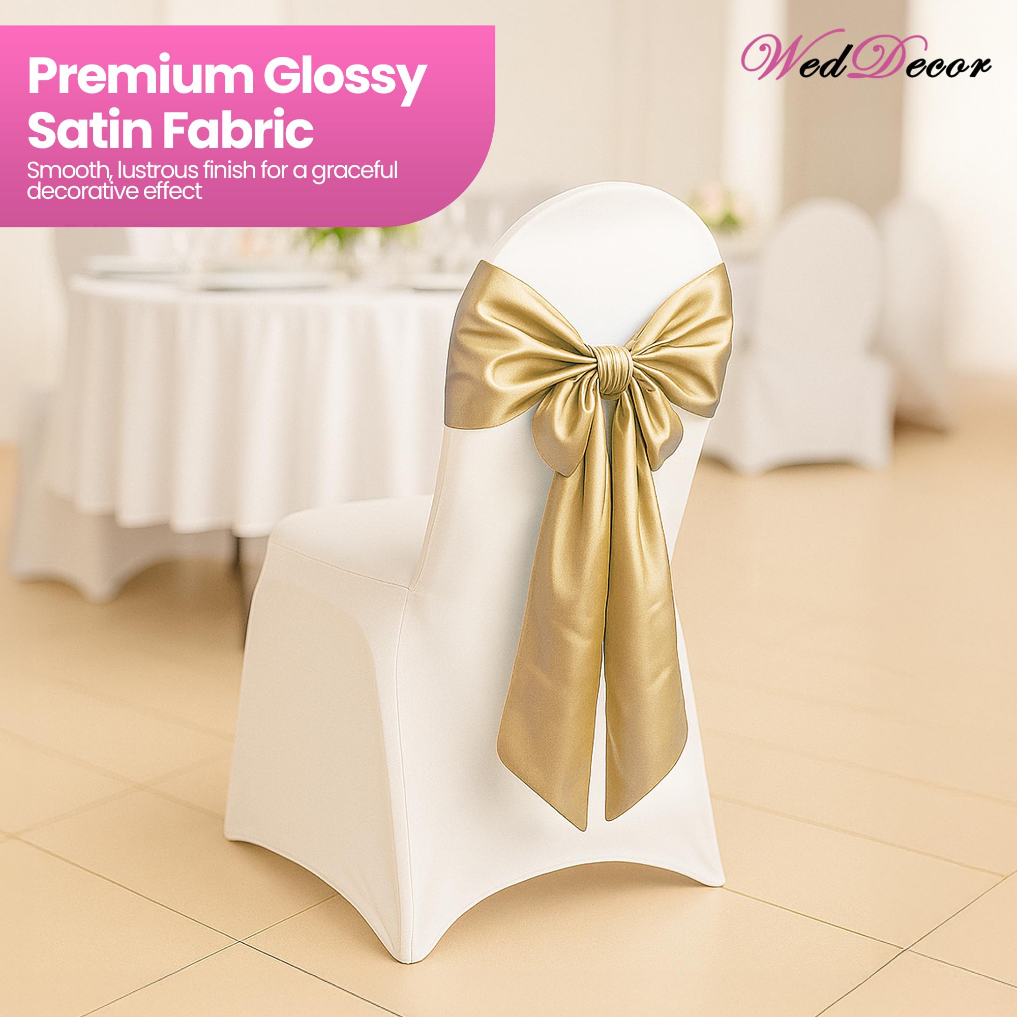 WedDecor Satynowa wstążka w kolorze szampańskiego złota pełniejsza kokarda na ślub urodziny zaręczyny przyjęcie przyjęcie bankietowe wydarzenie dekoracja krzesła do jadalni - 18 x 274 cm - 100 szt