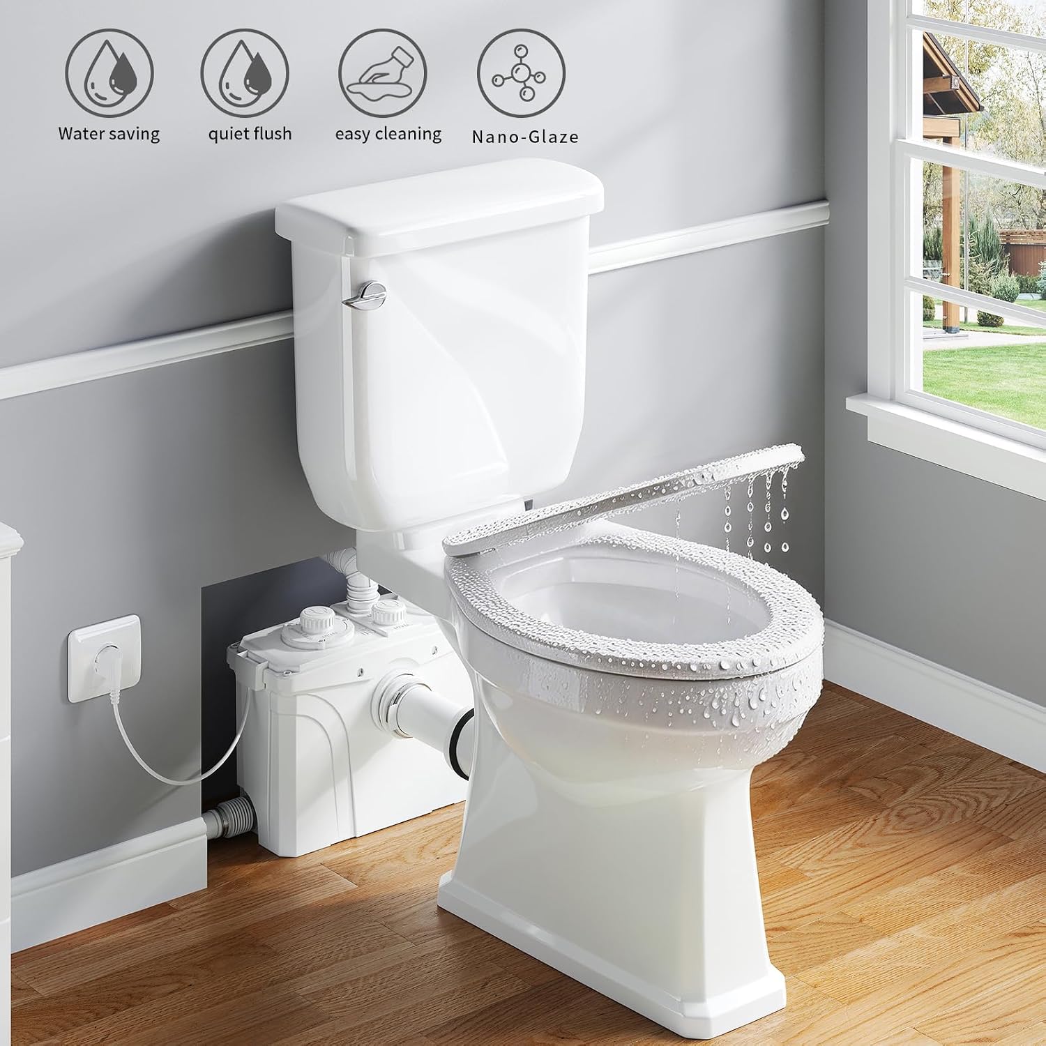 700W Macerating Toilet with Pump, Two-Piece Upflush Toilet For Basement, Powerful & Quiet Macerating Pump System With 4 Water Inlet, 23Ft Vertically, Elongated Bowl