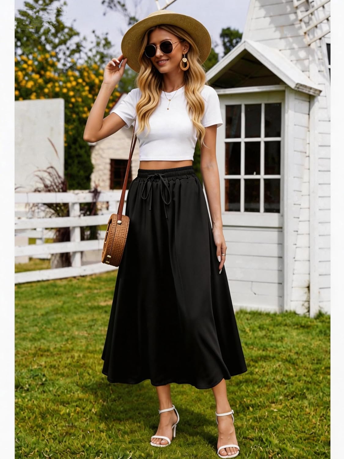 Abaadlw Maxi Skirts for Women with Pockets Long Midi Length Casual(A01 Solid Black XXL)