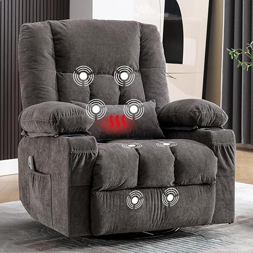Swivel Rocker Recliner Chair with Vibration Massage and Heating Functions for Adults,Oversized Recliner Single Sofa with Side Pocket,Two Cup Holders and USB Charge Port for Living Room and Bedroom