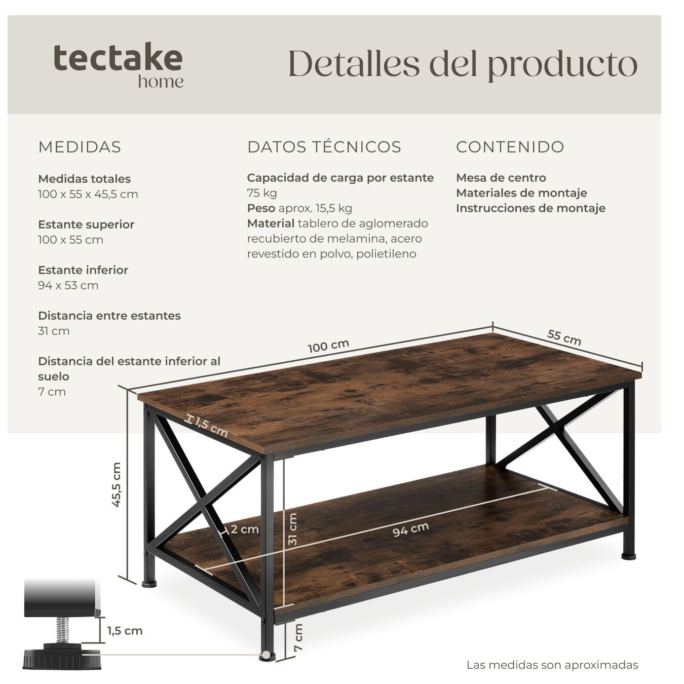 tectake® Mesa Cafe con Estante Inferior, Mesa de Centro, Mueble Auxiliar Salon, Decoracion Hogar, Mesitas de Noche, Mesita de Noche, Muebles - 100 x 55 x 45,5 cm Madera Industrial Oscura, Rústica