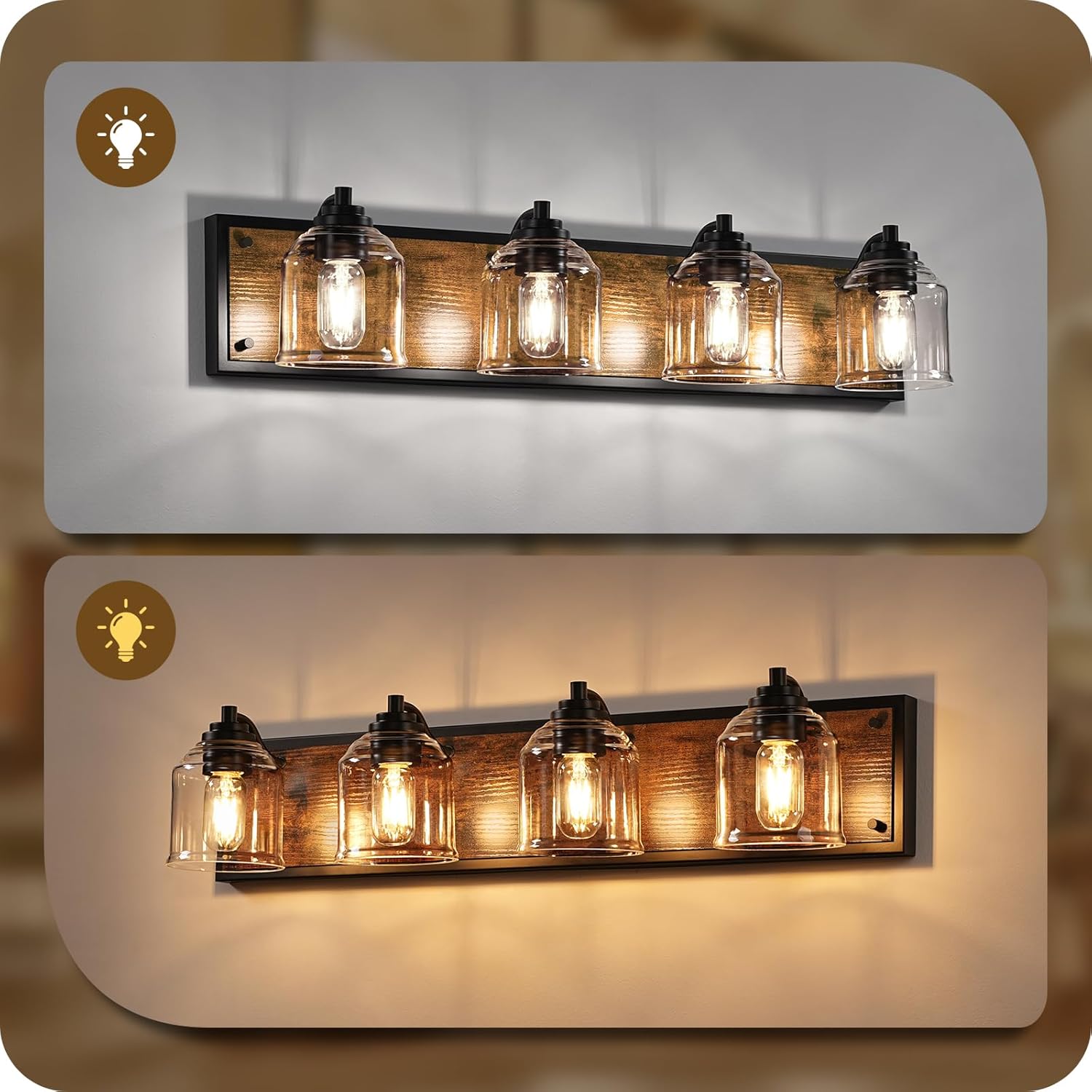 4-Light Bathroom Fixture, 31.5" Large Farmhouse Vanity Light, E26 Base (Bulbs Not Included), Thickened Glass Shade, for Bathroom, Bedroom, Vanity, Hallway, Rustic Brown and Black F18BD05