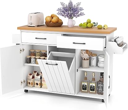 LOKO Kitchen Island with Tilt-Out Trash Cabinet, Rolling Kitchen Cart with Spice Rack, Towel Bar, Island Table on Wheels with Adjustable Shelves, Mobile Appliance Cart for Dining Room White