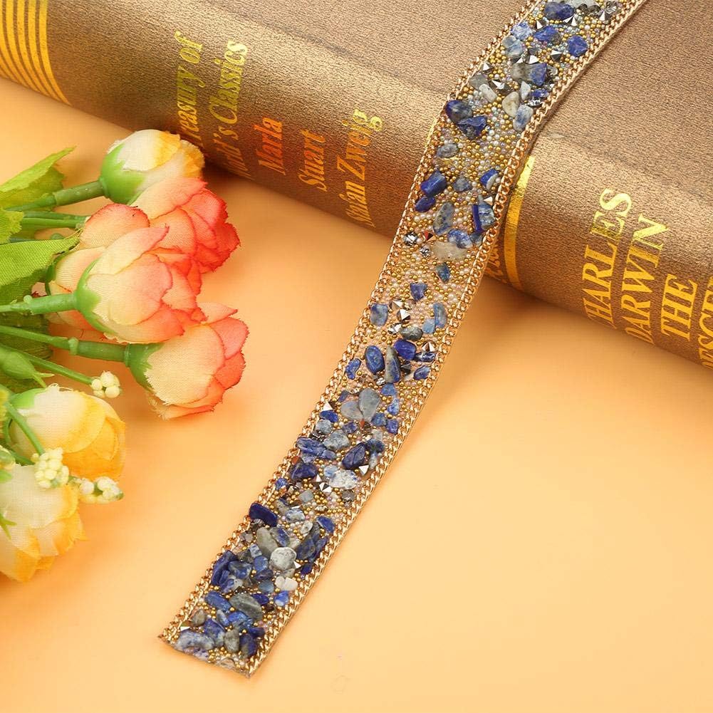 HEEPDD Crystal Beaded Rhinestone Trim 1M Ribbon Roll, Blue Gold Rice Beads